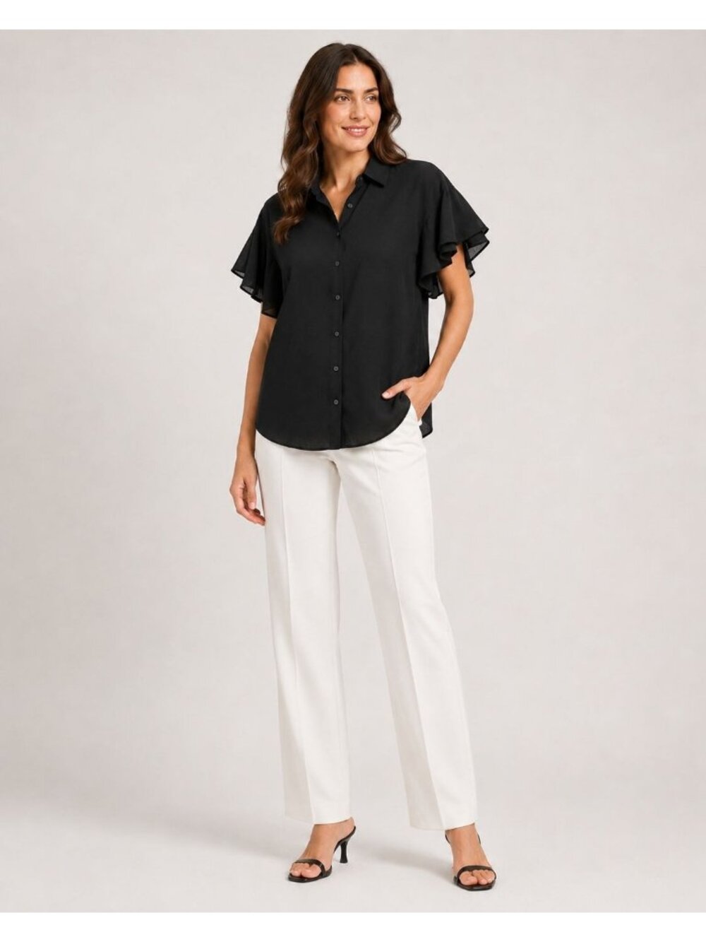 Nine West Women Black Button-Down With Ruffle Sleeves Blouse Size M